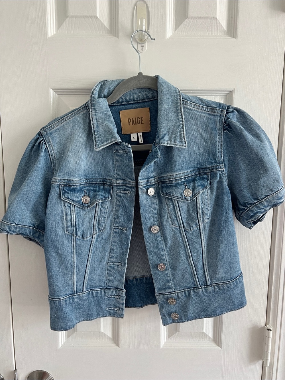 PAIGE Light Blue Short Puff Sleeve Denim Jacket